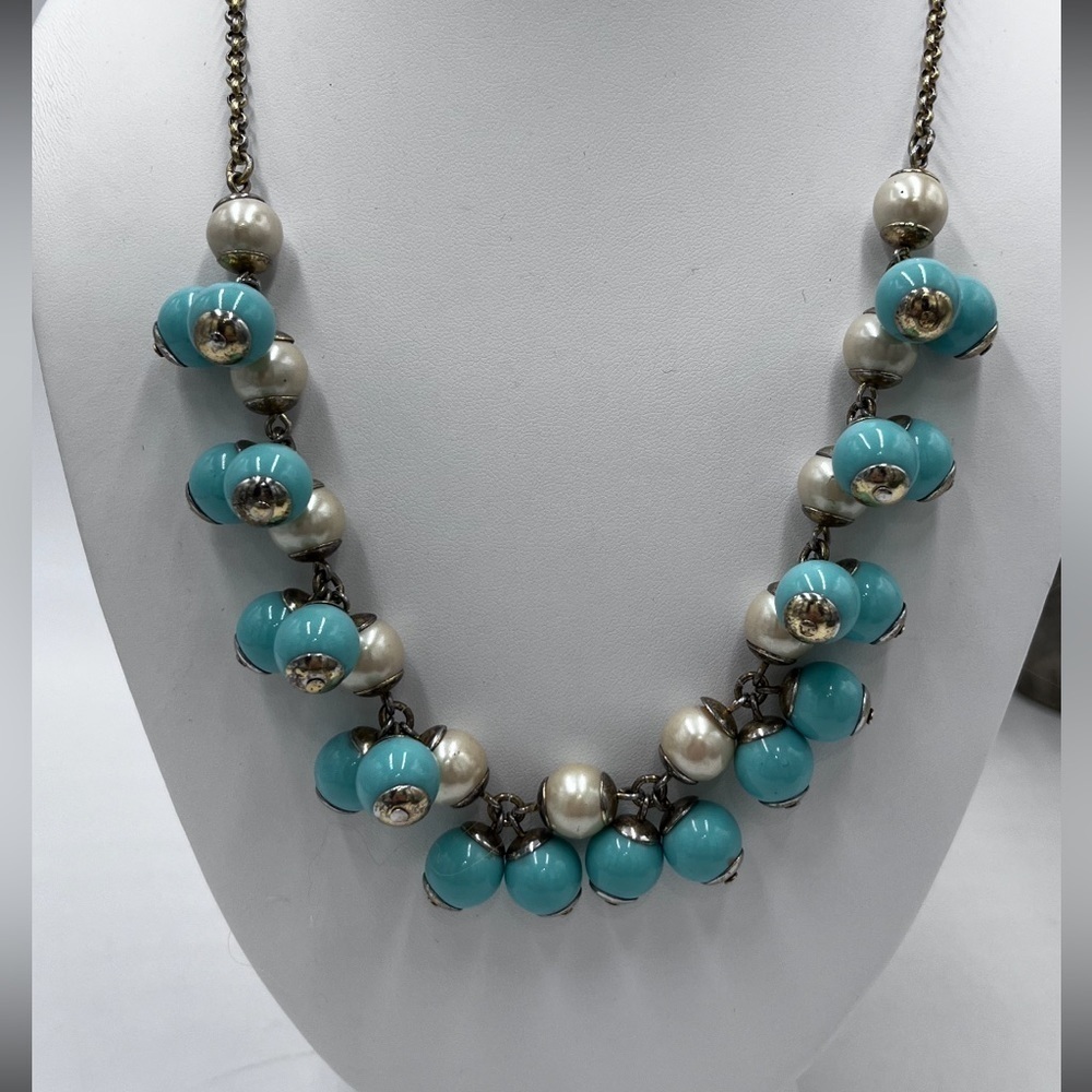 J. Crew Funfetti Aqua Faux‎ Pearl Turquoise Beaded Bauble Cluster Bib Necklace